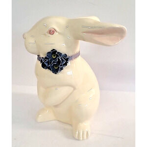 Vintage Lefton Ceramic Bunny 1987 Off White with Blue Flowers Figurine Rabbit